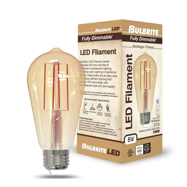 This ST18 Edison-style LED bulb delivers authentic vintage aesthetics with exposed filaments and warm 2200K amber light, while using just 5W to replace 40W incandescent bulbs. Fully dimmable and wet-rated for versatile indoor/outdoor use. - alternate view