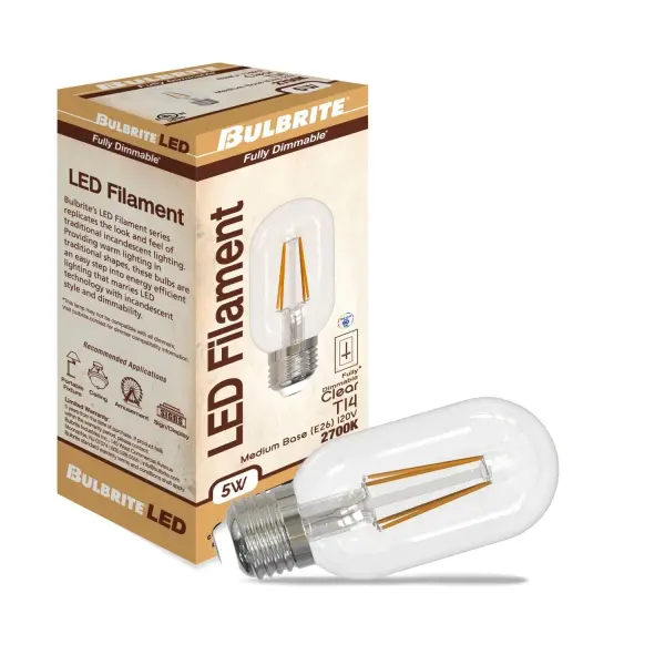 This T14 LED filament bulb combines classic Edison-style aesthetics with modern efficiency, delivering warm 2700K light while using just 5W. Fully dimmable and wet-rated for versatile indoor/outdoor use with a 15,000-hour lifespan. - alternate view