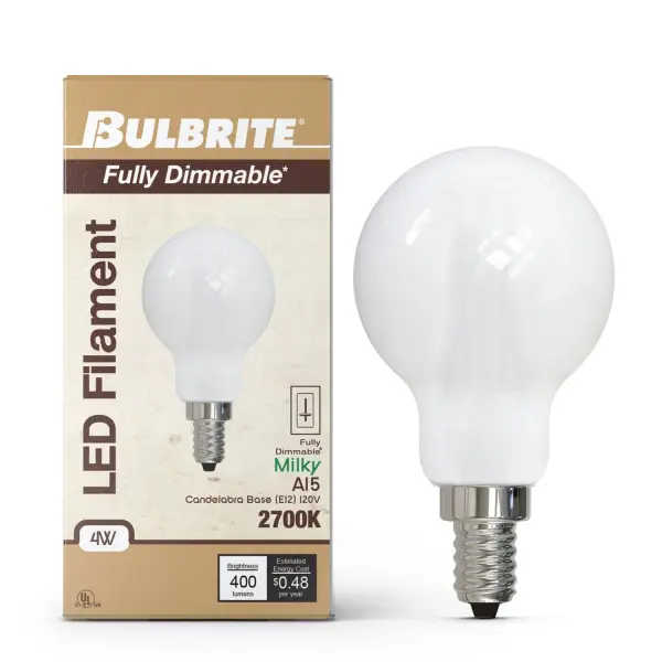 This A15 LED bulb delivers warm 3000K lighting with a soft milky finish, perfect for decorative fixtures. Fully dimmable and energy-efficient at just 4 watts, it provides 400 lumens while lasting up to 15,000 hours. - alternate view