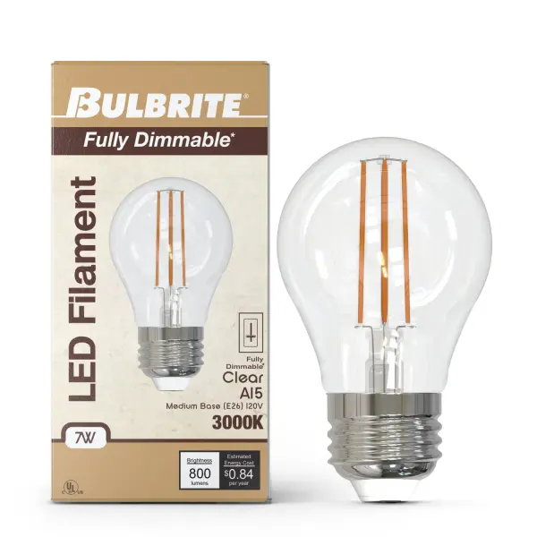 This 7W LED A15 bulb delivers warm 3000K light with vintage filament styling while using 88% less energy than traditional 60W bulbs. Fully dimmable and wet-rated for versatile indoor/outdoor applications. - alternate view