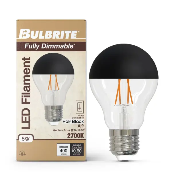 This 5W LED A19 bulb combines vintage filament aesthetics with modern efficiency. The half black finish creates a striking design statement while reducing glare for a soft, flattering 2700K warm light. - alternate view