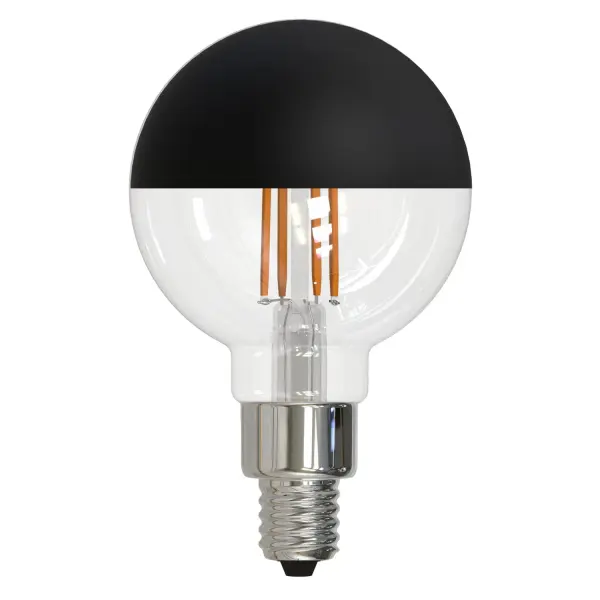 This decorative G16 globe bulb features a distinctive half-black finish that reduces glare while creating ambient lighting. The 2700K warm white LED filament provides energy-efficient illumination with full dimming compatibility.