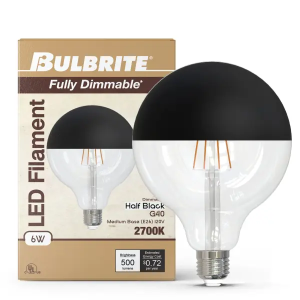 This 6W LED G25 globe bulb combines vintage filament aesthetics with modern LED efficiency. The distinctive half-black finish reduces glare while creating a warm, flattering 2700K glow. Fully dimmable and compatible with most switches. - alternate view