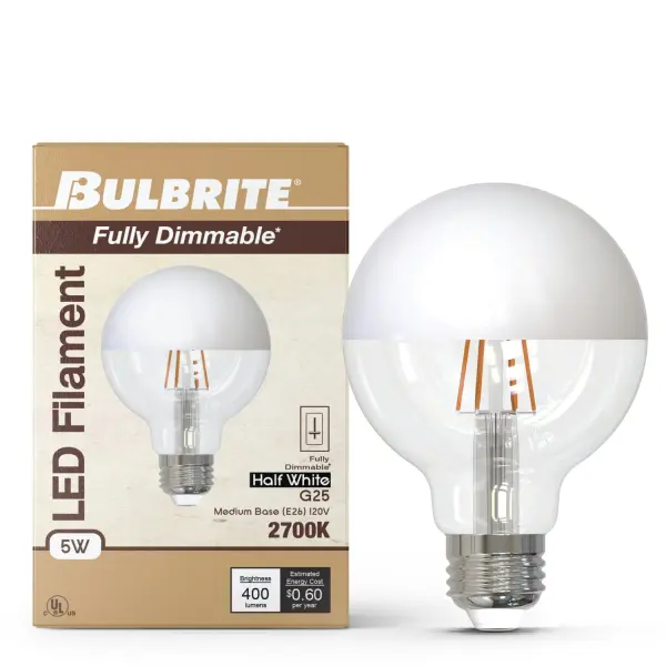 This 5W LED G25 globe bulb combines vintage filament aesthetics with modern efficiency. The half-white coating reduces glare for a soft, flattering glow while maintaining the decorative appeal of exposed filament design. - alternate view