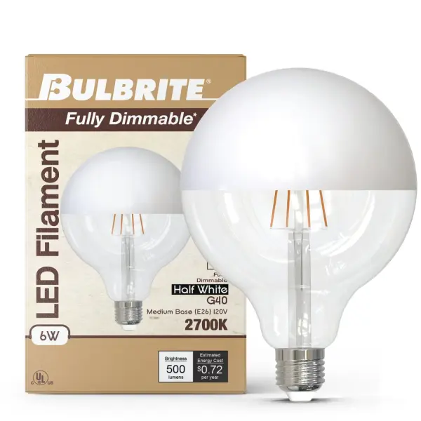 This 6W LED G25 globe bulb combines vintage filament aesthetics with modern LED efficiency. The half-white coating reduces glare for a soft, flattering glow while maintaining the decorative appeal of exposed filament design. - alternate view
