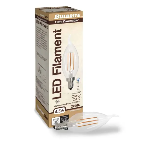 This CA10 LED bulb combines vintage filament aesthetics with modern efficiency, delivering 350 lumens of warm white light while using just 4.5W. Perfect for chandeliers and decorative fixtures with E12 candelabra bases. - alternate view