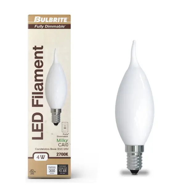 This CA10 LED bulb delivers warm 3000K light with a milky finish that softens glare, perfect for chandeliers and decorative fixtures. Uses 89% less energy than traditional 40W bulbs while lasting up to 15,000 hours. - alternate view