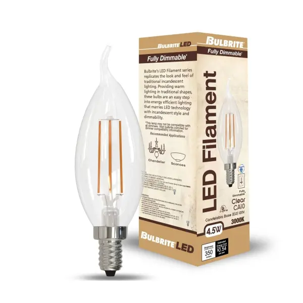 This CA10 LED bulb combines vintage filament aesthetics with modern efficiency, using just 4.5W to deliver 350 lumens of warm 3000K light. Fully dimmable and rated for 15,000 hours, it's perfect for chandeliers and decorative fixtures. - alternate view