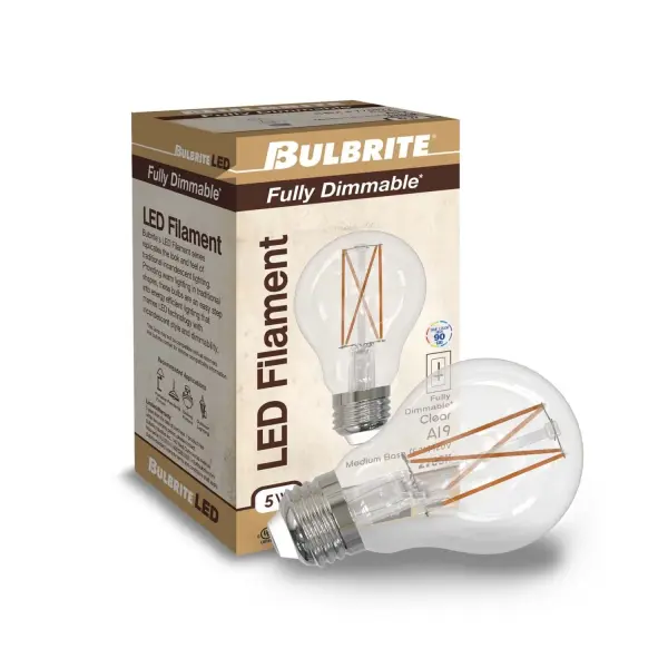 This 5W LED A19 bulb delivers 450 lumens of warm white light while using 87% less energy than traditional 40W incandescent bulbs. Features fully dimmable operation, wet-rated durability, and a 15,000-hour lifespan. - alternate view