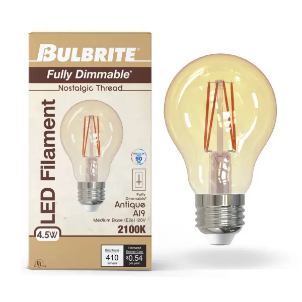 This A19 LED bulb combines nostalgic filament styling with modern efficiency, delivering warm 2100K amber light at just 4.5W. Fully dimmable and wet-rated for indoor/outdoor use, it offers 15,000-hour lifespan with excellent color rendering. - alternate view