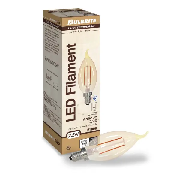 This CA10 LED bulb combines nostalgic filament styling with modern efficiency, delivering warm 2100K amber light at just 2.5W. Perfect for chandeliers and decorative fixtures, it offers full dimming capability and a 15,000-hour lifespan. - alternate view