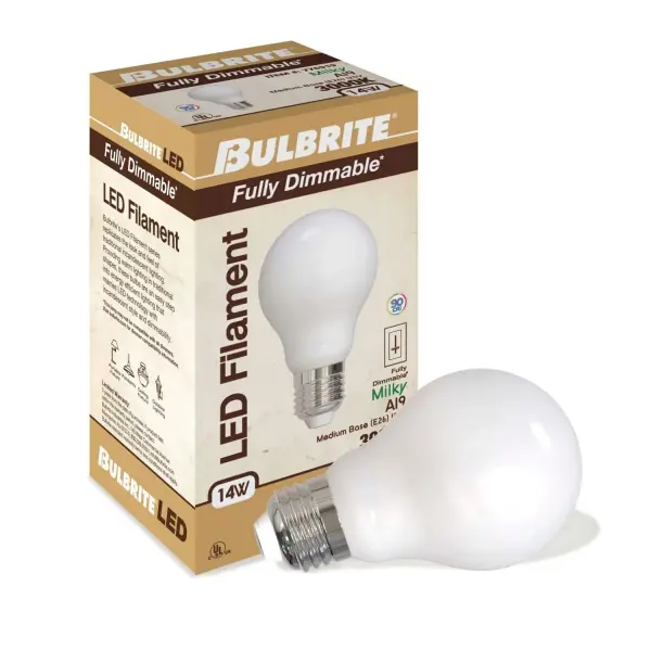 This versatile A19 LED bulb delivers 1500 lumens of warm 3000K light while using just 14W of power. The milky finish provides soft, even illumination without harsh glare, and full dimmability works with most switches. - alternate view