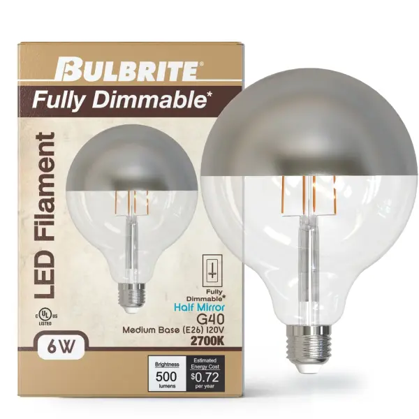 This 6W LED G40 globe bulb combines energy efficiency with vintage aesthetics. The half-mirror finish reduces glare while adding sophisticated style to exposed bulb fixtures. Fully dimmable and compatible with most switches. - alternate view