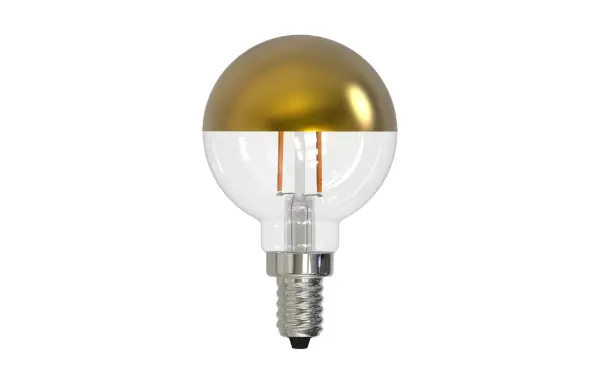 This G16 globe LED bulb features a sophisticated half gold finish that reduces glare while adding visual interest to exposed bulb fixtures. Energy-efficient 2.5W LED with warm 2700K light and full dimming compatibility.