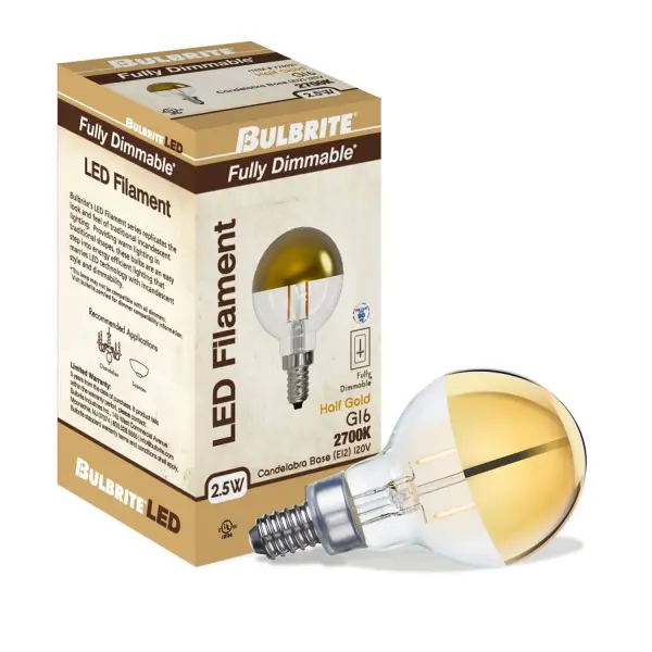 This G16 globe LED bulb features a sophisticated half gold finish that reduces glare while adding visual interest to exposed bulb fixtures. Energy-efficient 2.5W LED with warm 2700K light and full dimming compatibility. - alternate view