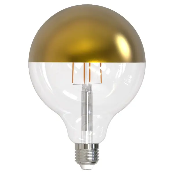 This 6W LED G40 globe bulb combines energy efficiency with decorative appeal. The half gold finish reduces glare while adding sophisticated style to exposed bulb fixtures. Fully dimmable and compatible with most switches.