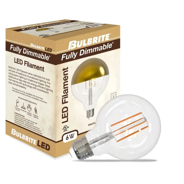 This 6W LED G40 globe bulb combines energy efficiency with decorative appeal. The half gold finish reduces glare while adding sophisticated style to exposed bulb fixtures. Fully dimmable and compatible with most switches. - alternate view
