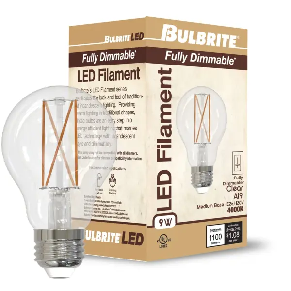 This 9W LED A19 bulb delivers 1100 lumens of cool white light while using 88% less energy than a 75W incandescent. Features exposed filament design, full dimming capability, and wet-rated durability for indoor/outdoor use. - alternate view