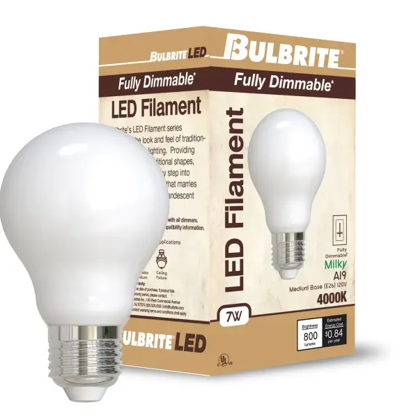 This 60W equivalent A19 LED bulb combines classic filament aesthetics with modern efficiency, using only 7 watts while delivering 800 lumens of cool white light. Fully dimmable and wet-rated for versatile indoor/outdoor use. - alternate view