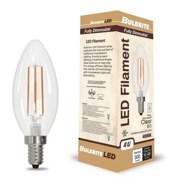 This 4W LED candelabra bulb delivers 300 lumens of cool white light while using 90% less energy than traditional 40W incandescent bulbs. Features exposed filament design for vintage charm, full dimming capability, and 15,000-hour lifespan. - alternate view