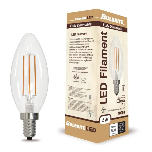 This B11 LED bulb combines classic filament styling with modern efficiency, delivering 500 lumens while using only 5 watts. The cool white 4000K temperature provides crisp, clean illumination perfect for task lighting and contemporary spaces. - alternate view