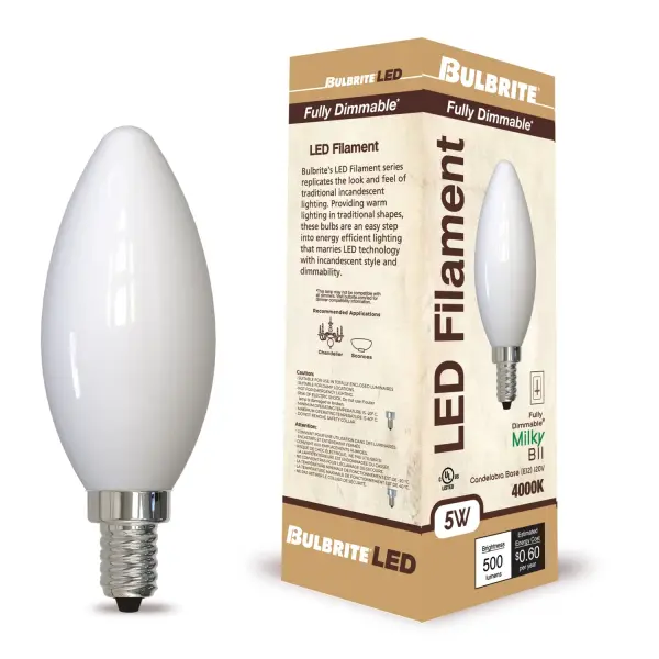 This 5W LED B11 bulb delivers 500 lumens of cool white light while using 92% less energy than traditional 60W bulbs. Features a milky finish for soft light diffusion, full dimming compatibility, and damp rating for versatile placement. - alternate view