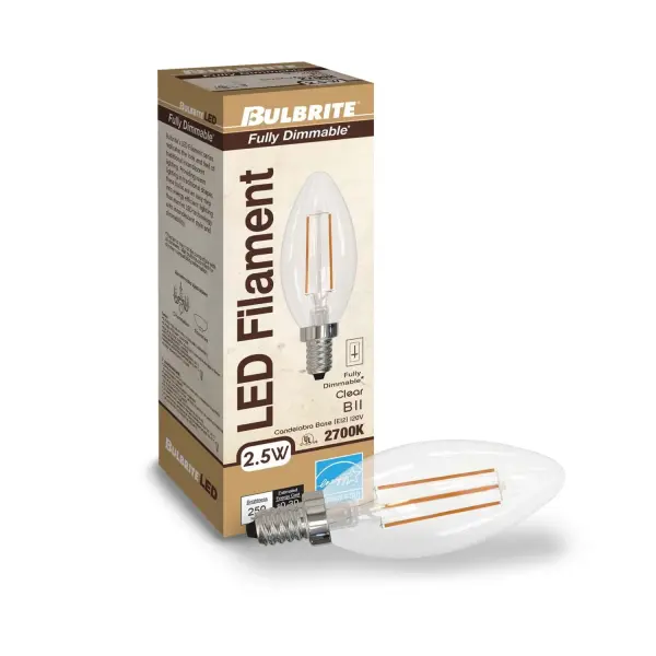 This B11 LED filament bulb combines classic candelabra styling with modern efficiency, delivering warm 2700K light while using just 2.5 watts. Fully dimmable and damp-rated for versatile indoor/outdoor use. - alternate view