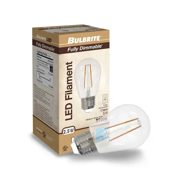This S14 LED filament bulb combines classic Edison-style aesthetics with modern LED efficiency. Wet-rated for versatile indoor/outdoor applications, it delivers warm 2700K light while using just 2.5W to replace 25W incandescent bulbs. - alternate view