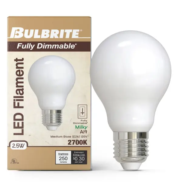 This A19 LED bulb delivers warm 2700K lighting with a milky finish that softly diffuses light. At just 2.5 watts, it replaces traditional 25W bulbs while lasting up to 15,000 hours. Fully dimmable and compatible with most switches. - alternate view