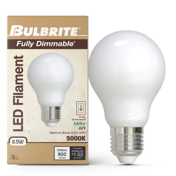 This 60W equivalent A19 LED bulb delivers 800 lumens of crisp 5000K daylight while using only 8.5 watts. The milky finish provides soft, even light distribution. Fully dimmable and compatible with most switches, it lasts up to 15,000 hours. - alternate view