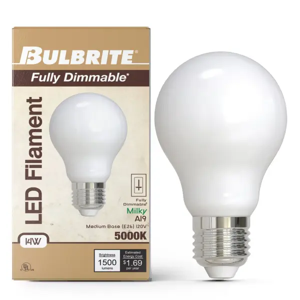 This 100W equivalent LED bulb delivers bright 5000K daylight illumination while using only 14 watts. The milky finish softens the filament design for a modern aesthetic, and full dimmability ensures versatility across any space. - alternate view