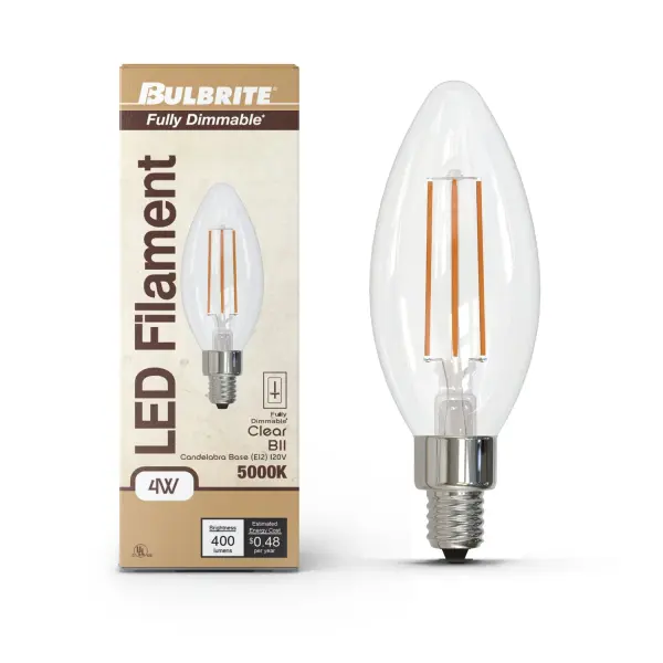 This 4W LED filament bulb delivers 400 lumens of soft daylight (5000K) while using 90% less energy than traditional 40W incandescent bulbs. Features full dimming compatibility and a 15,000-hour lifespan with clear glass for vintage appeal. - alternate view