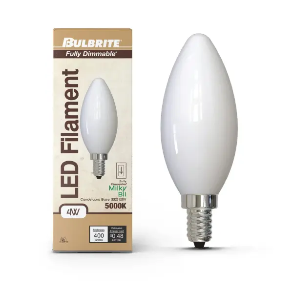 This B11 LED bulb delivers 400 lumens of soft daylight (5000K) while using only 4 watts. The milky finish provides diffused, glare-free illumination perfect for chandeliers and sconces. Fully dimmable and rated for 15,000 hours. - alternate view