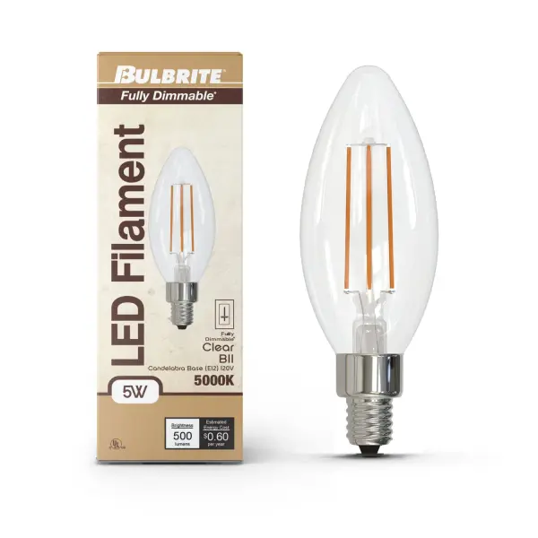 This B11 LED bulb combines classic filament styling with modern efficiency, delivering 500 lumens while using only 5 watts. The 5000K soft daylight temperature provides crisp, natural illumination perfect for chandeliers and decorative fixtures. - alternate view