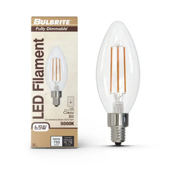This B11 LED bulb combines classic filament aesthetics with modern efficiency, delivering 750 lumens of soft daylight while using only 6.5 watts. Fully dimmable and compatible with most switches, it's perfect for chandeliers and decorative fixtures. - alternate view