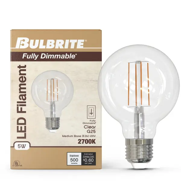 This G25 LED bulb combines classic filament aesthetics with modern efficiency, delivering warm 2700K light while using only 5 watts. Fully dimmable and rated for 15,000 hours of use. - alternate view