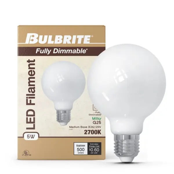 This G25 LED bulb combines classic globe styling with modern efficiency, delivering warm 2700K light through a milky finish. At just 5 watts, it replaces 60W incandescent bulbs while lasting up to 15,000 hours with full dimming capability. - alternate view