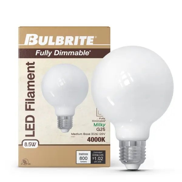 This G25 LED bulb combines vintage filament aesthetics with modern efficiency, delivering 800 lumens of cool white light while using only 8.5 watts. The milky finish provides soft, diffused illumination perfect for task lighting. - alternate view