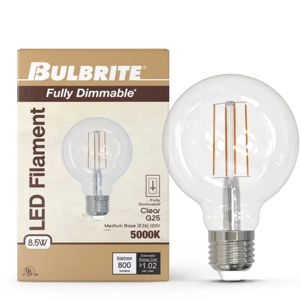 This G25 LED bulb combines classic filament aesthetics with modern efficiency, delivering 800 lumens while using only 8.5 watts. The 5000K daylight temperature provides crisp, bright illumination perfect for task areas. - alternate view