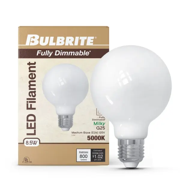 This G25 LED globe bulb delivers 800 lumens of crisp 5000K daylight while using only 8.5 watts. The milky finish provides soft, diffused light perfect for task-oriented spaces. Fully dimmable and rated for 15,000 hours. - alternate view