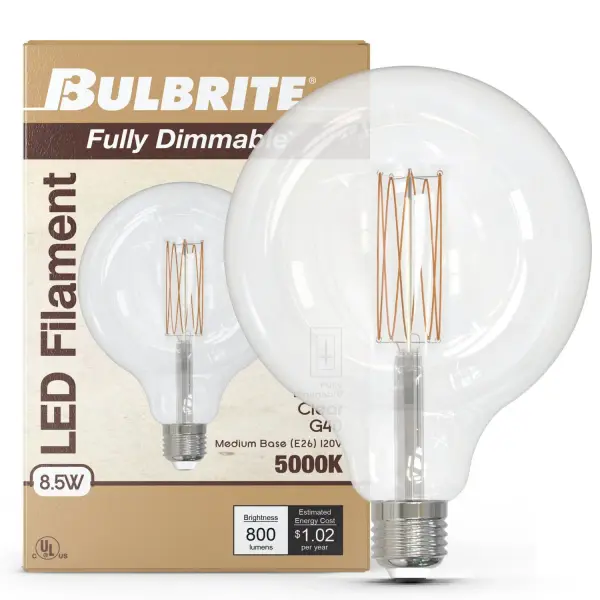 This G40 LED bulb combines classic filament aesthetics with modern efficiency, delivering 800 lumens while using only 8.5 watts. Fully dimmable with warm white 4000K light and a 15,000-hour lifespan. - alternate view