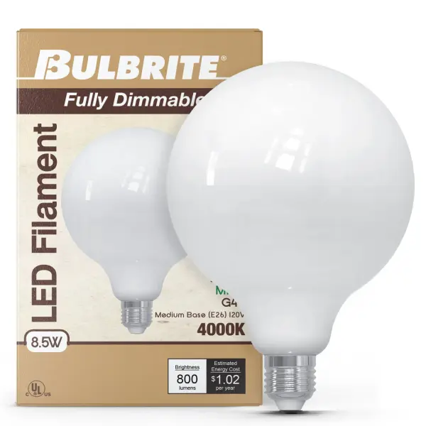 This G40 LED bulb combines classic globe styling with modern efficiency, delivering 800 lumens while using only 8.5 watts. The milky finish provides soft, diffused light perfect for exposed bulb fixtures, with full dimming capability. - alternate view