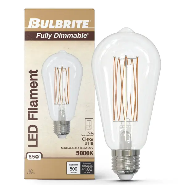 This ST18 LED filament bulb combines classic Edison aesthetics with modern efficiency, delivering 800 lumens while using only 8.5 watts. The 5000K soft daylight temperature provides crisp, natural illumination perfect for task lighting. - alternate view