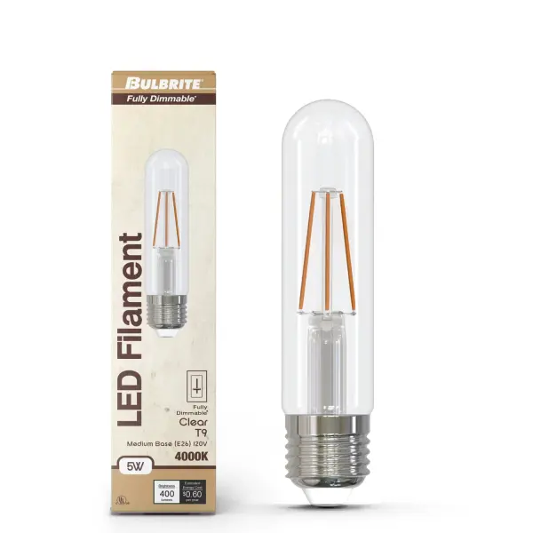 This T9 LED bulb combines classic filament aesthetics with modern efficiency, delivering 400 lumens while using only 5 watts. The 4000K cool white temperature provides crisp, clean illumination ideal for task lighting. - alternate view