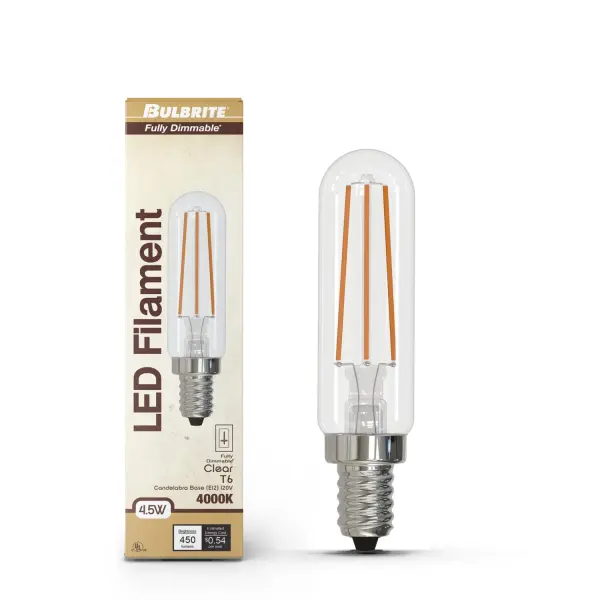 This T6 LED filament bulb combines classic Edison-style design with modern efficiency. At just 4.5 watts, it delivers 450 lumens of cool white light while lasting up to 15,000 hours. Fully dimmable and compatible with E12 candelabra bases. - alternate view
