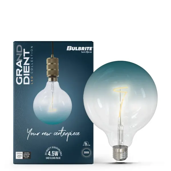 This G40 LED bulb features a distinctive clear-to-blue gradient finish that adds visual interest while delivering energy-efficient lighting. Fully dimmable with 15,000-hour lifespan and 5-year warranty. - alternate view