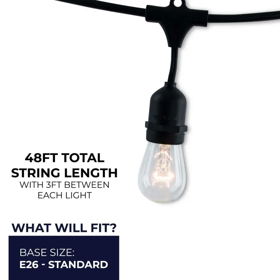 48-Foot Edison String Lights with 15 Clear S14 Bulbs - Image 6