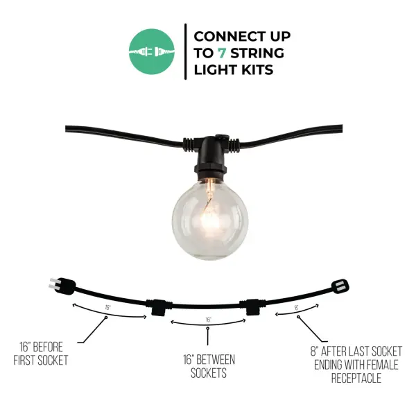 14' Black String Lights with Clear G16 Globe Bulbs - 10 Socket Kit - Image 4