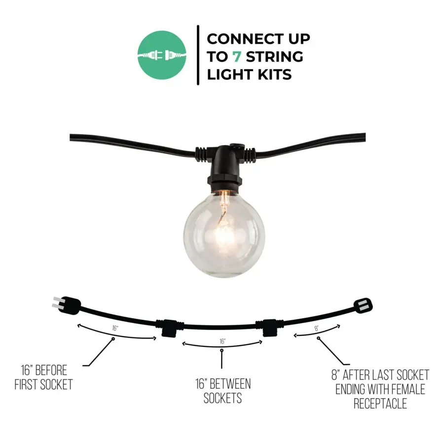 14' Black String Lights with Clear G16 Globe Bulbs - 10 Socket Kit - Image 4