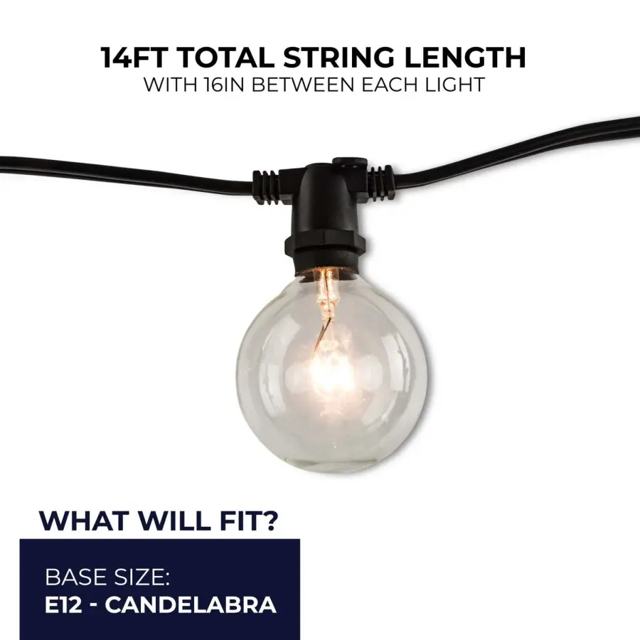 14' Black String Lights with Clear G16 Globe Bulbs - 10 Socket Kit - Image 5